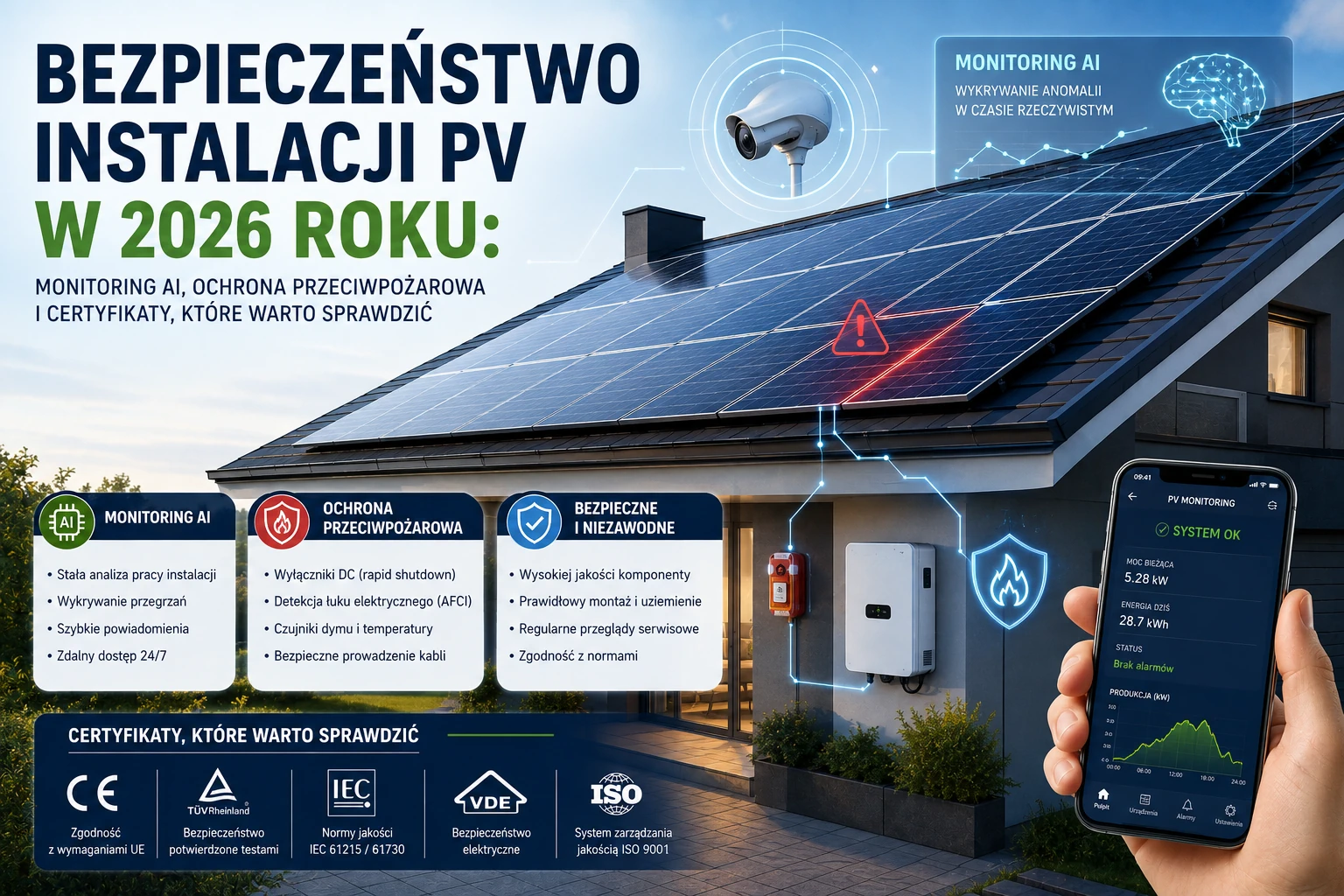 Bezpieczeństwo instalacji PV w 2026 roku: monitoring AI, ochrona przeciwpożarowa i certyfikaty, które warto sprawdzić