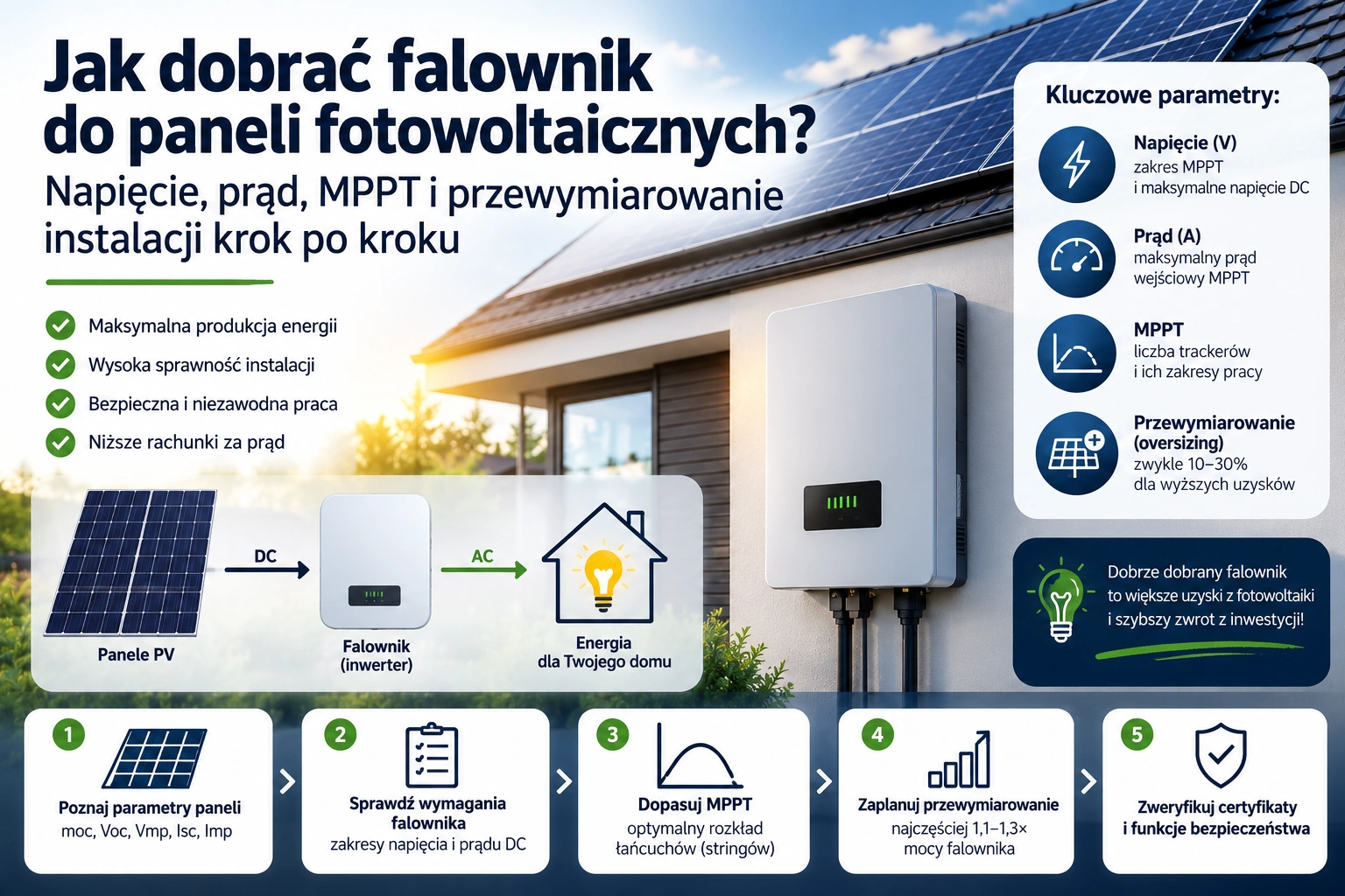 Jak dobrać falownik do paneli fotowoltaicznych? Napięcie, prąd, MPPT i przewymiarowanie instalacji krok po kroku