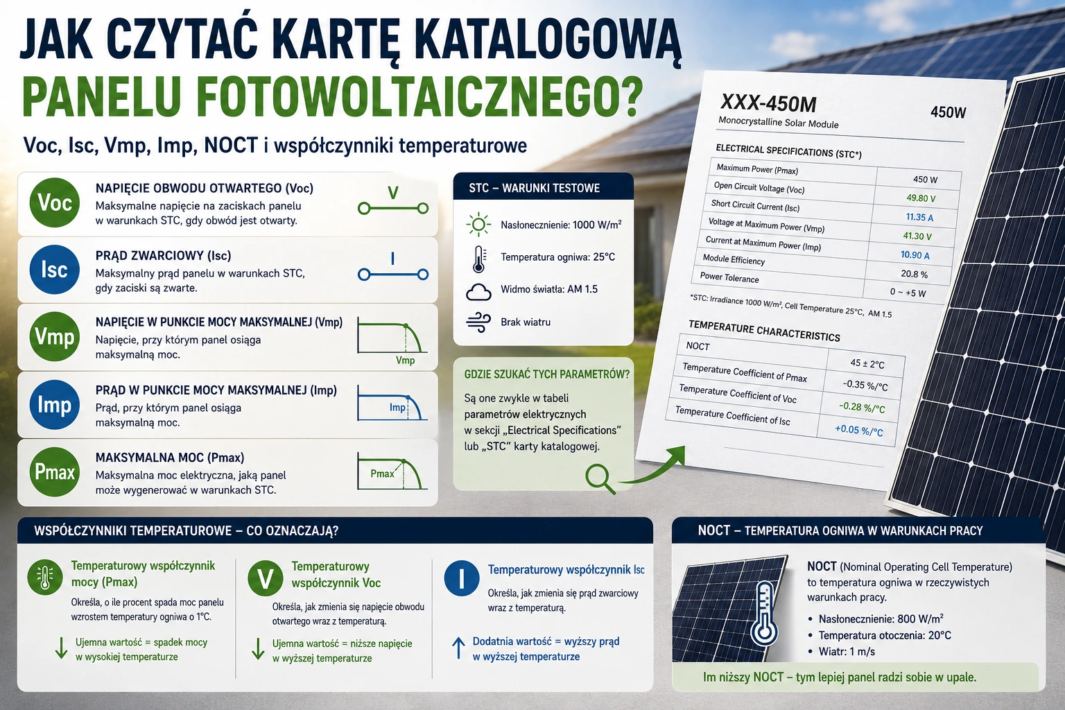 Jak czytać kartę katalogową panelu fotowoltaicznego? Voc, Isc, Vmp, Imp, NOCT/NMOT i współczynniki temperaturowe