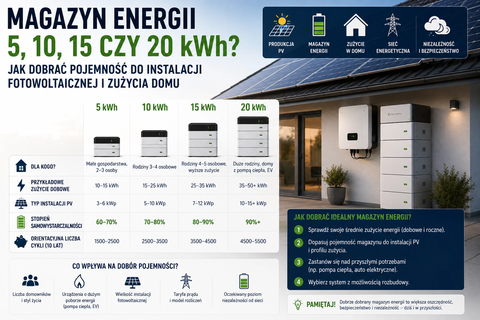 Magazyn energii 5, 10, 15 czy 20 kWh? Jak dobrać pojemność do instalacji fotowoltaicznej i zużycia domu