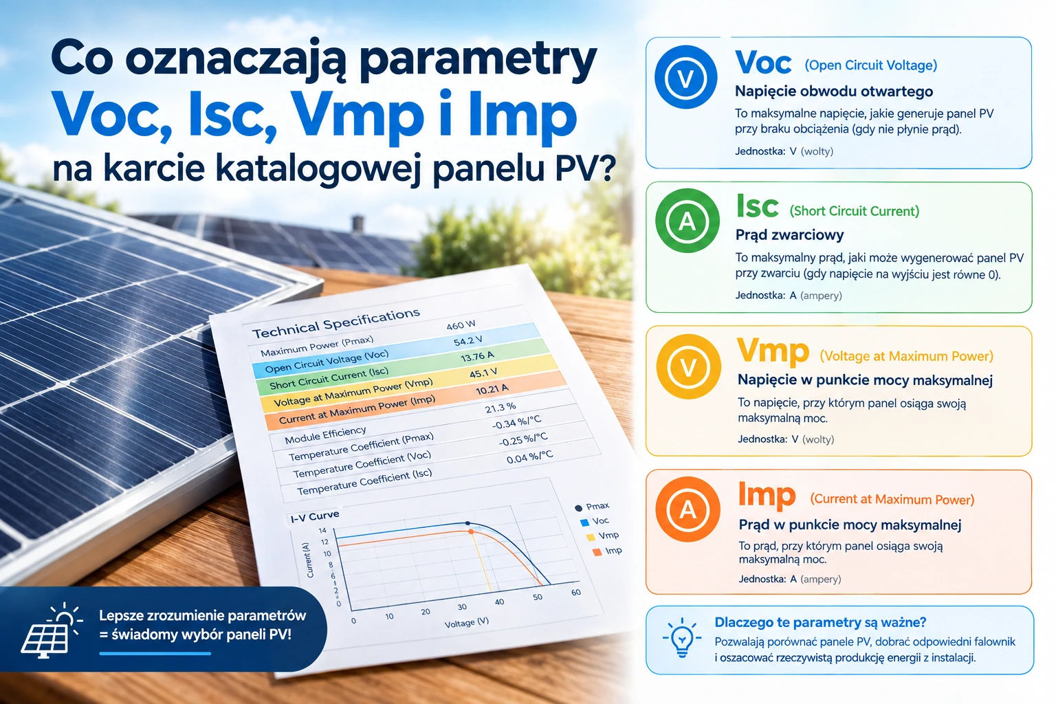 Co oznaczają parametry Voc, Isc, Vmp i Imp na karcie katalogowej panelu PV?